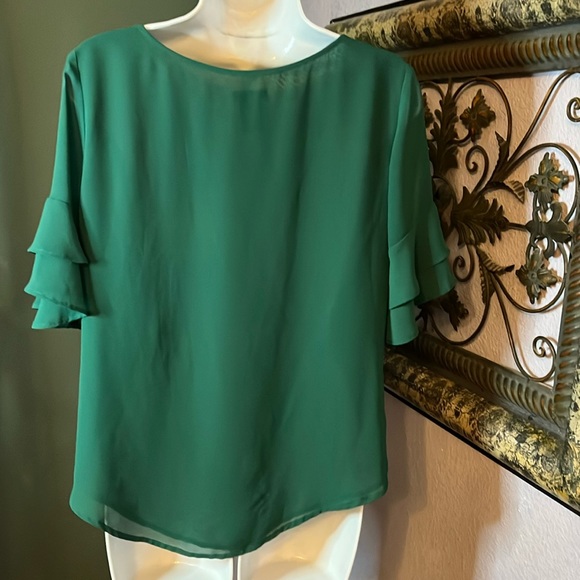 Cutest Ann Taylor  Green Semi Sheer Ruffle Sleeves Top Sz S - Picture 6 of 9